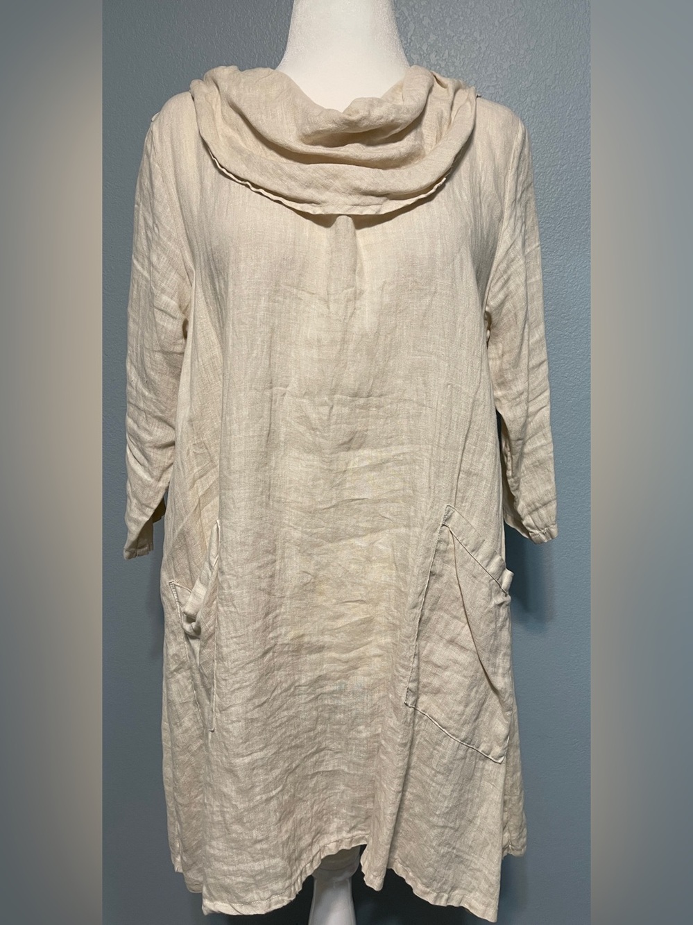 Match Point Linen Tunic Dress Cream Cowl Neck Lagenlook Pockets Oversized Medium